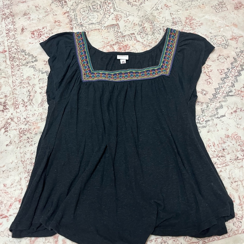 Black square top flowy top with embroidered flower neckline detail